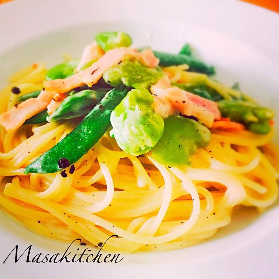 Broad and snap beans&bacon cream pasta.|Masakiさん