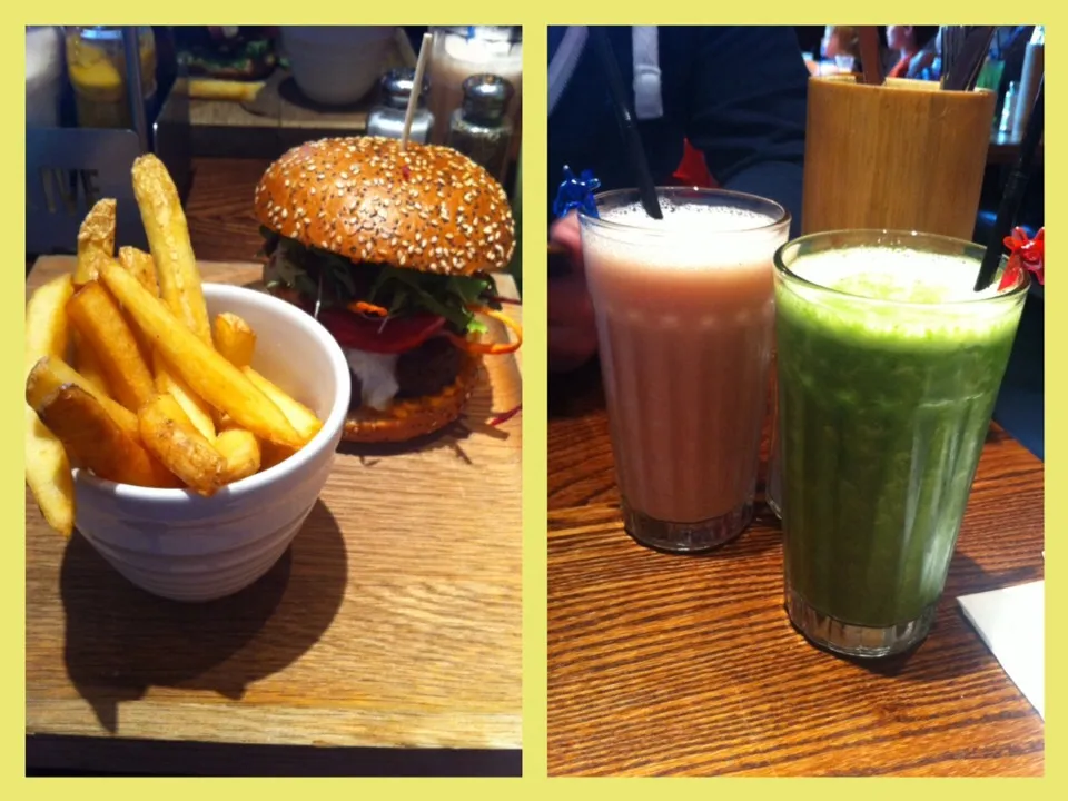 Falafel and halloumi burger with fries and a green smoothie for me and strawberry & banana for my bestie x|🍓Jolejo🍓さん