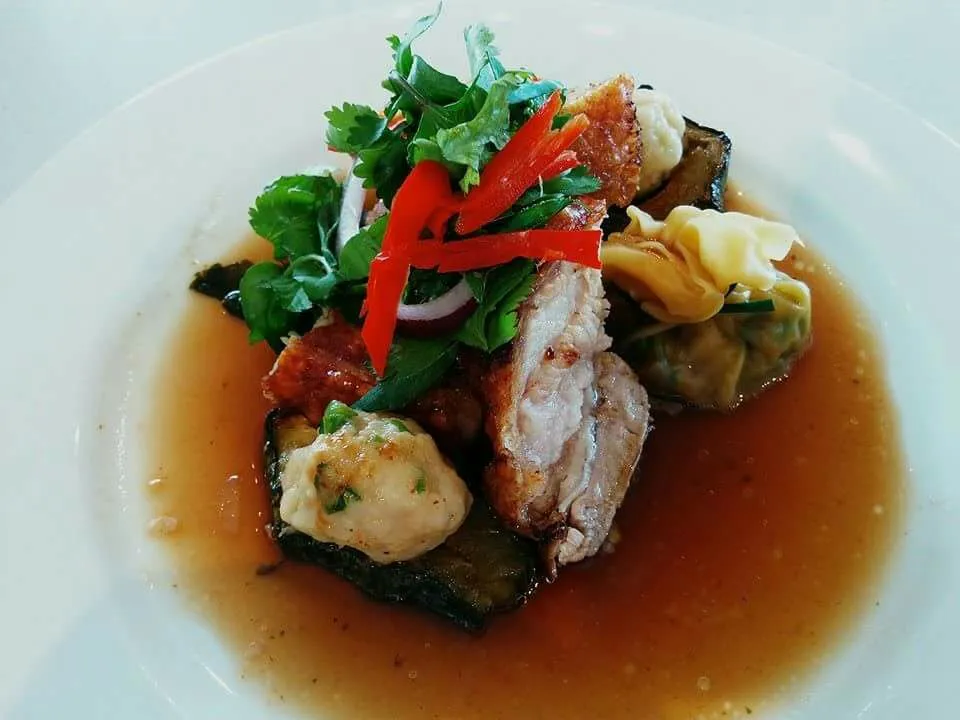 Five Spice Pork belly with steamed wontons in a asian broth.|Danielさん