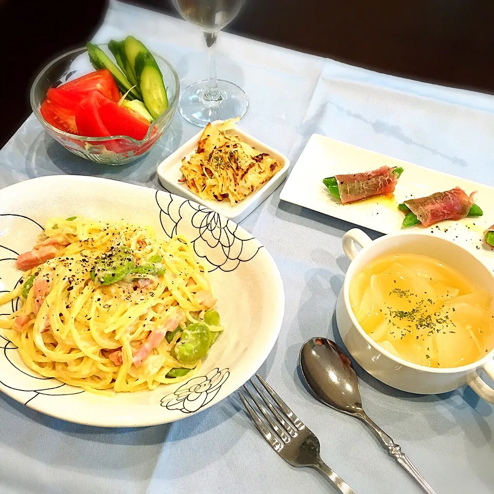 そら豆と新たまベーコンクリームパスタ、じゃがいものチーズガレット|y05hik0さん