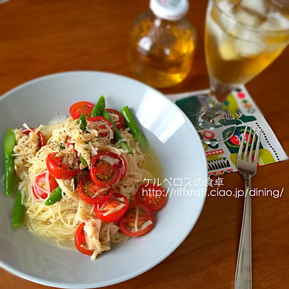 ホタテとトマトとアスパラの冷製パスタ（昼食2015.5.13）|門乃ケルコさん