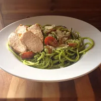 Snapdishの料理写真:Grilled chicken on a bed of raw, spiraled zucchini with avocado/basil/spinach pesto and cherry tomatoes.|Karolynn Krause Cionekさん