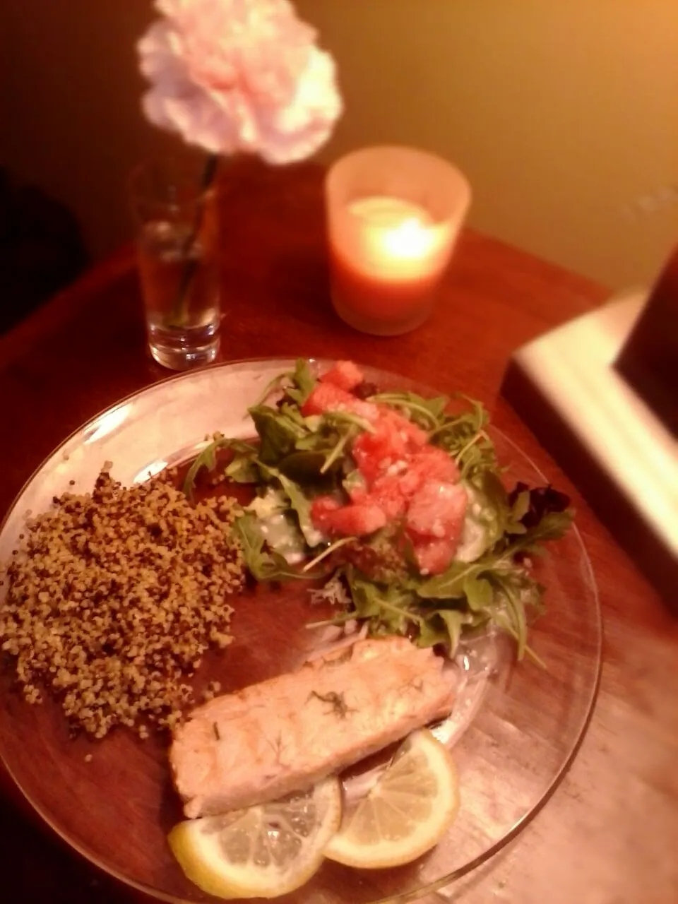 Snapdishの料理写真:Grilled Salmon, Rainbow Quinoa, Watermelon Blue Arugula  Salad|Mj Marijanneさん