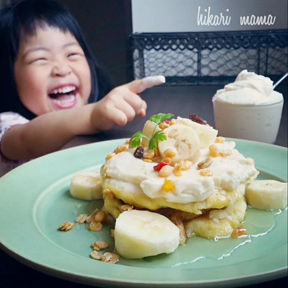 バナナとおからの(レンジ)パンケーキ❀豆腐クリームと蜂蜜で🙆✨グルテンフリー、牛乳.小麦アレokです♪|ひかりママさん