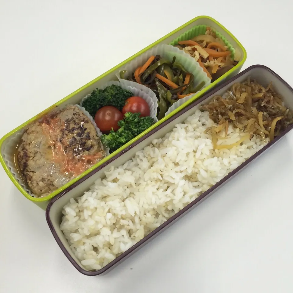 弁当（ハンバーグ、ブロッコリー＆プチトマト、ピーマン昆布あえ、切り干し大根）|SasaMasa213さん