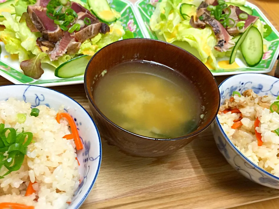 豚と人参の混ぜご飯、鰹のたたきのサラダ|misaさん