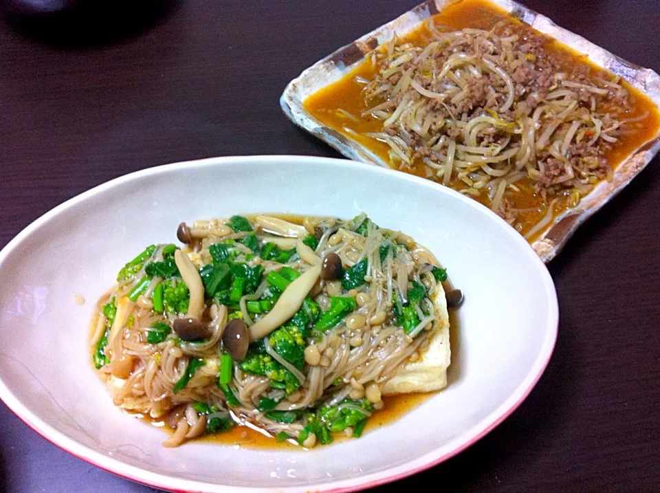 豆腐ステーキ〜菜の花ときのこのあんかけ〜・豚ひき肉ともやしのピリ辛炒め|mainoheさん