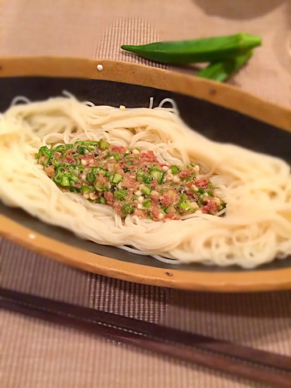 おかかとオクラでガッツリ食べるお素麺の世界|TAKOS_PAPAさん