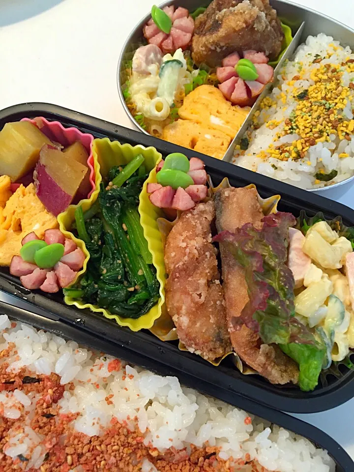 鯖の竜田揚げ弁当！ マカロニサラダ ほうれん草胡麻和え 卵焼き ウィンナー さつまいも甘煮|asamisaraさん