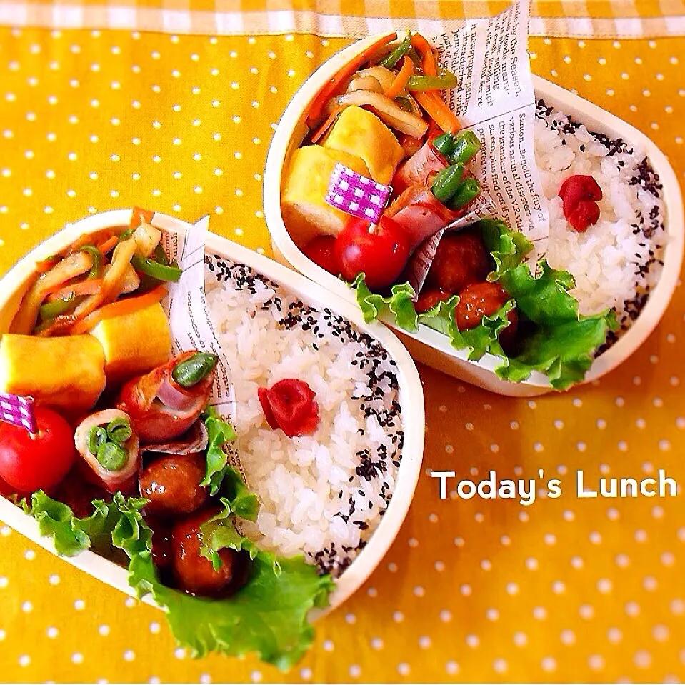 〜今日のお弁当〜アスパラチーズベーコン巻き。竹輪の青椒肉絲風。ミートボール。玉子焼き。|Brendaさん