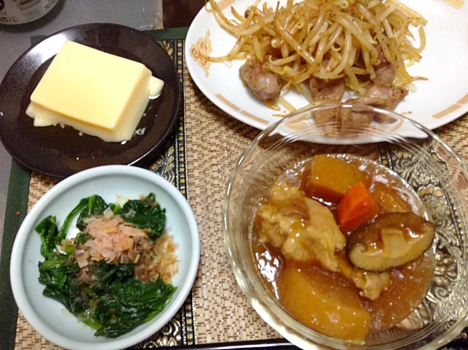 玉子豆腐＆ほうれん草のおひたし＆砂肝ともやしの炒め＆酢鶏|まぐろさん