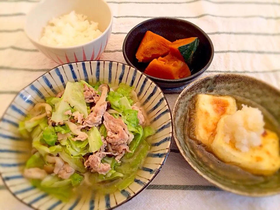 豚しめじキャベツのニンニク塩バター鍋＆揚げ出し豆腐＆かぼちゃの煮物|ゆーみんさん