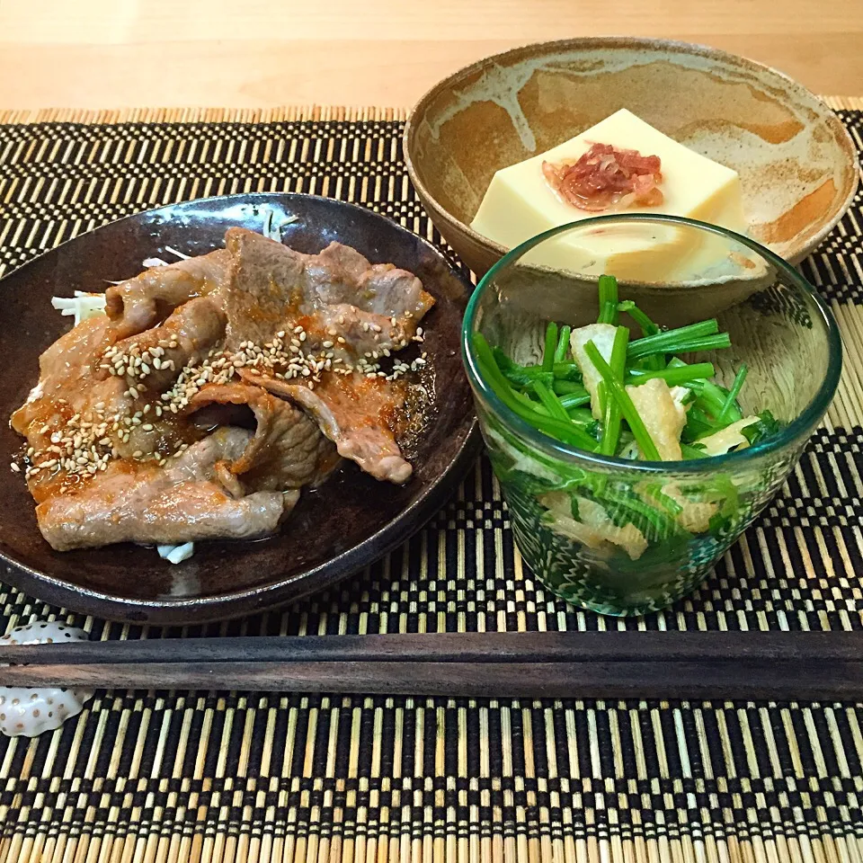 生姜焼き、お浸し、玉子豆腐|maruruさん