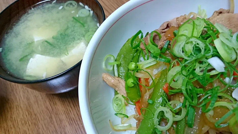 野菜炒め丼
豆腐と葱の味噌汁|ようかんさん