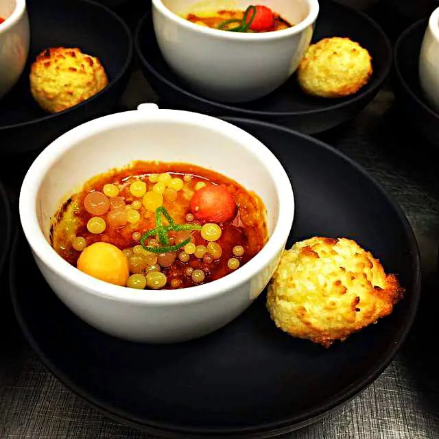 bubble and matcha tea brulee with coconut macaroons, citrus agar agar pearls|CHUENCHAIさん