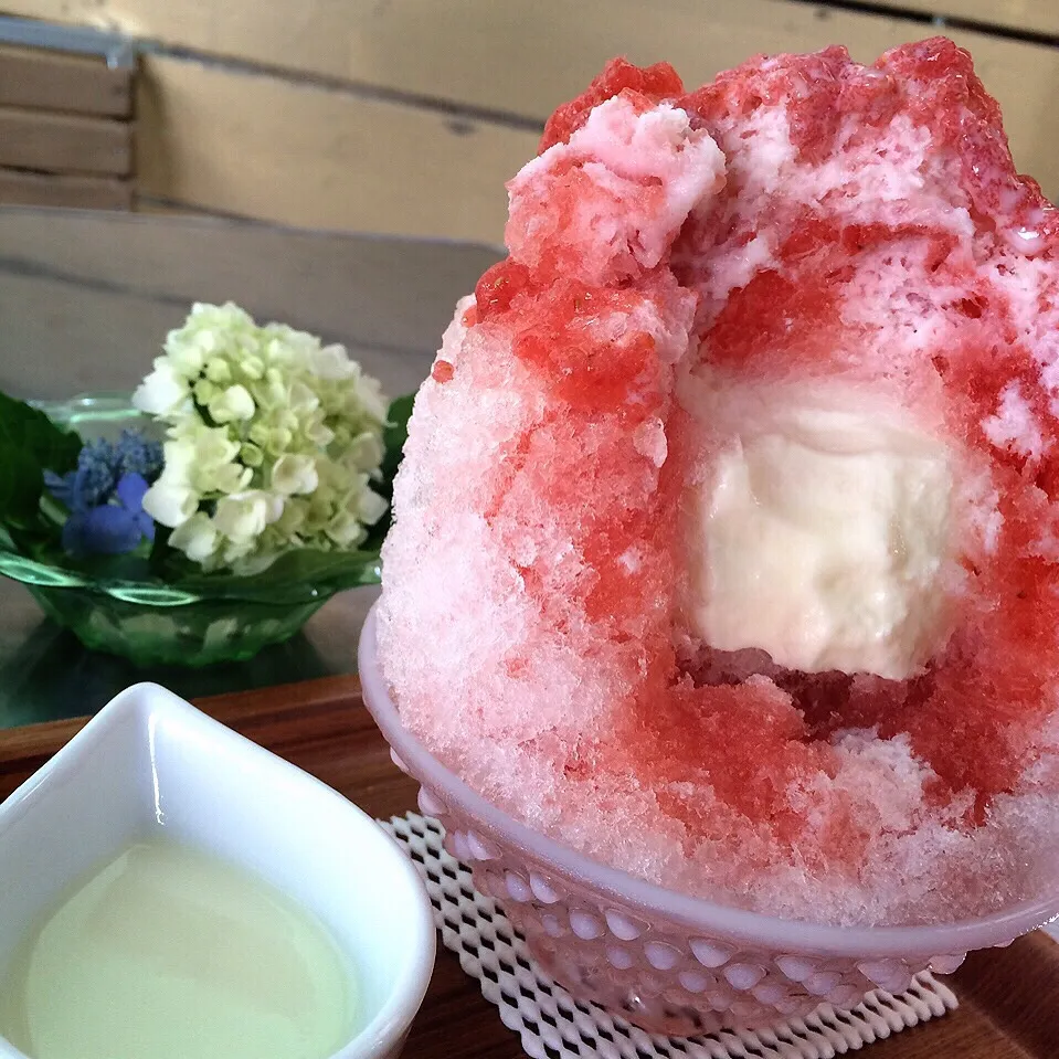 フレッシュストロベリのシロップがたっぷりのかき氷🍧にミルクをたっぷりかけて中には杏仁豆腐が〜😆💕たまりませ〜ん😋💕

#鵠沼海岸 #ShavedIce #NOAN
#かき氷 #埜庵 #フレッシュストロベリー #生いちご #練乳 #杏仁豆腐 #焦がしキャラメル|chieさん