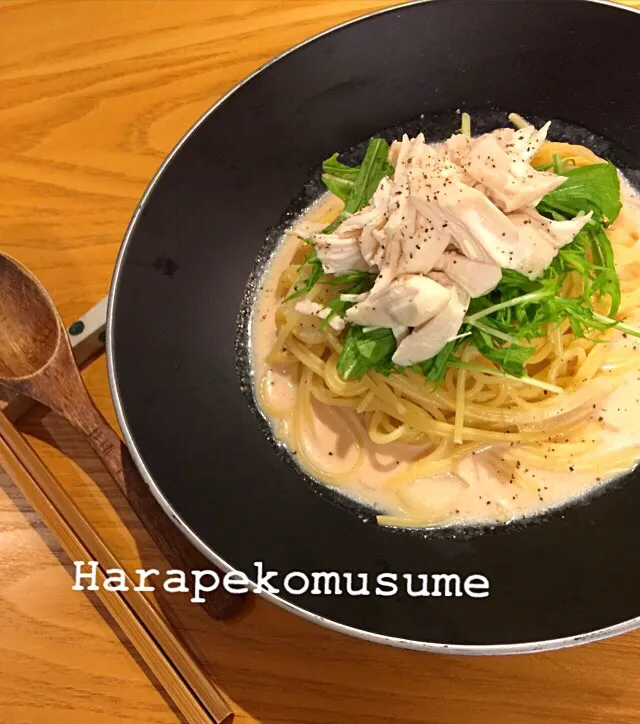 ささみと水菜の                             トマトクリームスープパスタ|おしぽさん