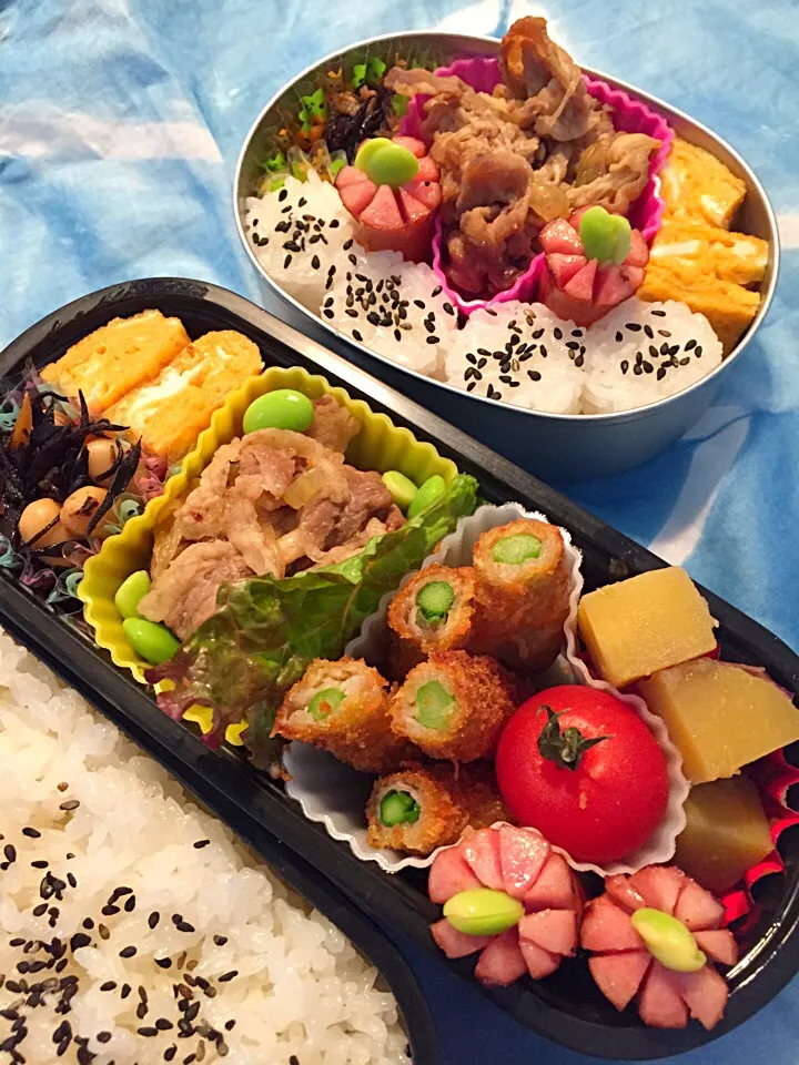 牛丼の具弁当 アスパラ豚巻きフライ ひじき 卵焼き ウィンナー さつまいも甘煮 プチトマト|asamisaraさん