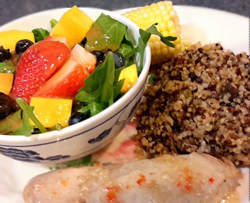 Baked pork loin marinated in Italian dressing with a side of quinoa, corn on the cob and arugula fruit salad with guava dressing|Jiraphon Gさん