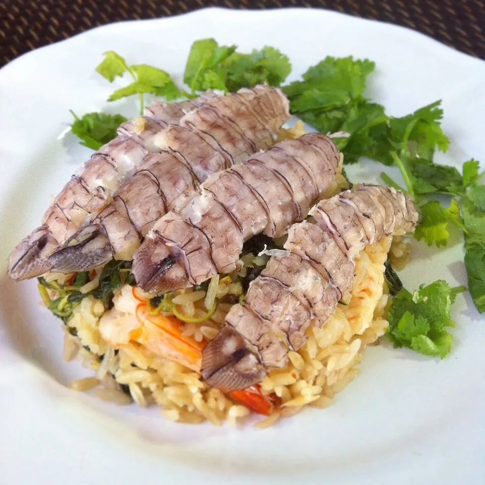 Shrimp & holy basil fried rice topped with mantis shrimp #thaifood|Eat in Thaiさん