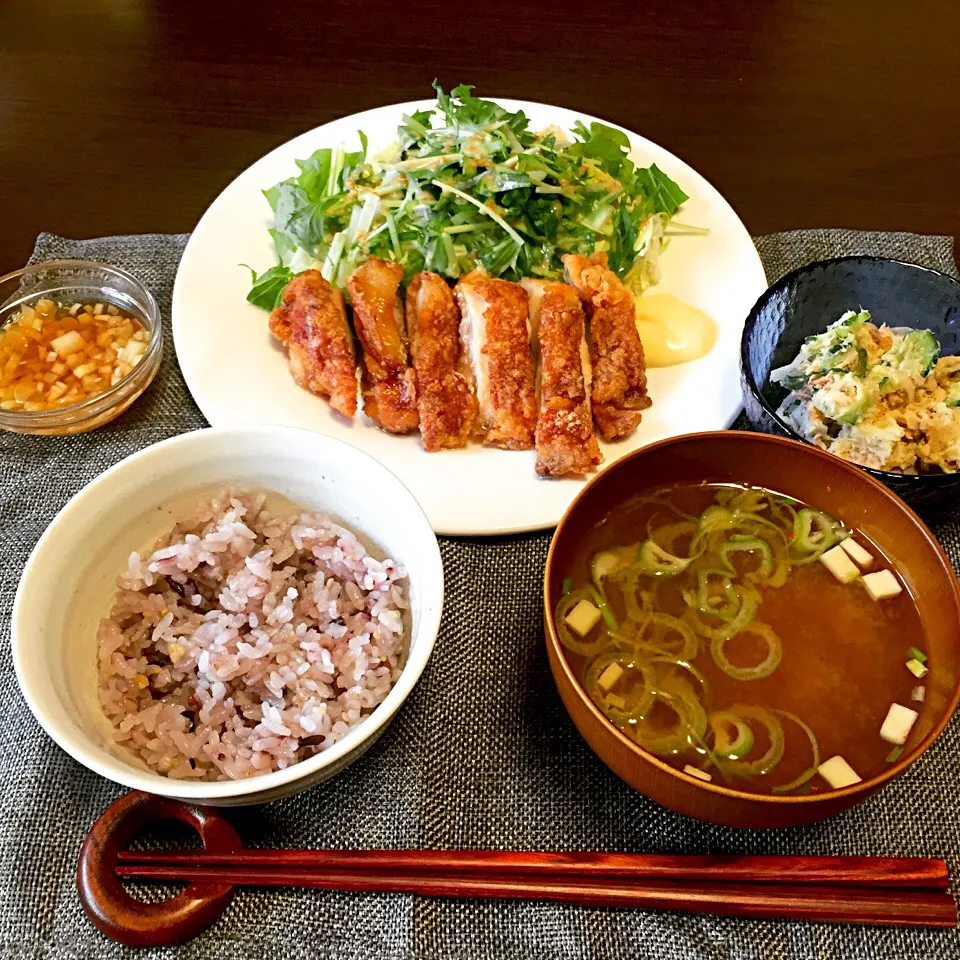 鶏の竜田焼きと和風ポテサラ定食〜油淋鶏ソースはお好みで〜|akiさん