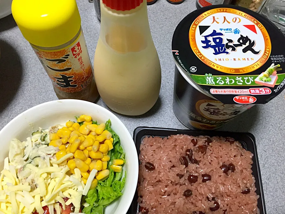 Snapdishの料理写真:大人のサッポロ一番塩らーめん薫るわさび、赤飯、ポテサラサラダ|ms903さん