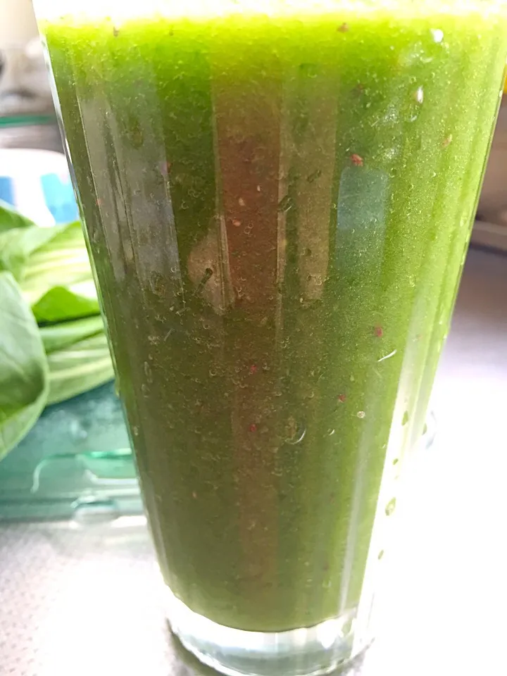 May 30th smoothie; diced honeydew melons and bok choy, lemon slice and chia seeds, water|YDKOさん