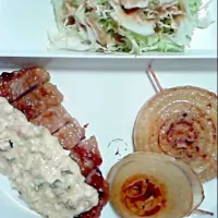 Snapdishの料理写真:タルタルソースかけた豚南蛮、バター焼き玉ねぎ|畑山寧々さん