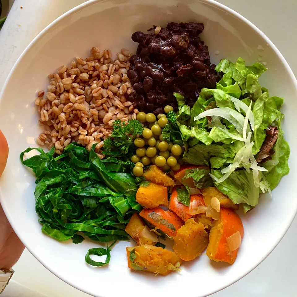 Earth bowl: Farro, black beans, pumpkin, collard greens, lettuce, peas|victoria valerioさん