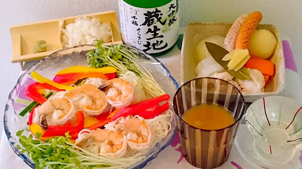 Snapdishの料理写真:海老の素麺サラダ(海老味噌つけ汁)・生姜ポトフ・千福の蔵生地|藤井裕之さん