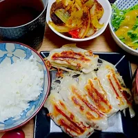 餃子、カレー味のおからボール、サラダ|けむまきさん