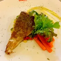 Snapdishの料理写真:pan sear sea bass with barley corn salsa in lemon dill butter sauce|Paul Wooさん