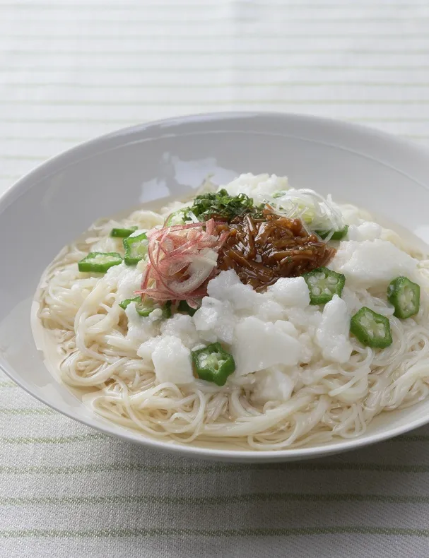 たたき長芋となめたけの白だしそうめん|いいだし、いい鰹節。ヤマキさん