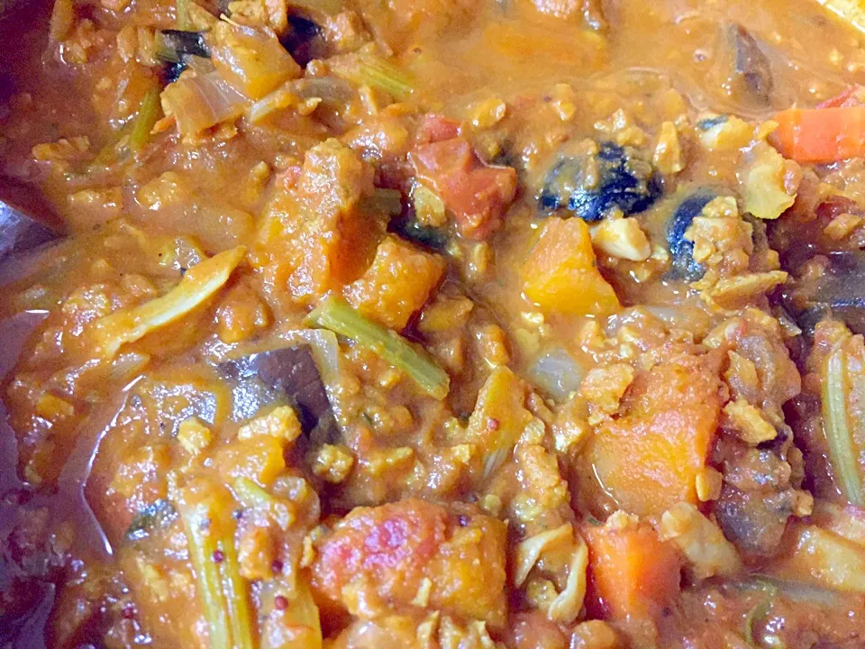 Non oil cooking: vegetable curry😋 textured soy protein tastes like real mince meat.|YDKOさん