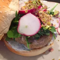 Turkey Burger with Cilantro Lime Aioli, Radish, Arugula and Crushed Pistachio Nuts