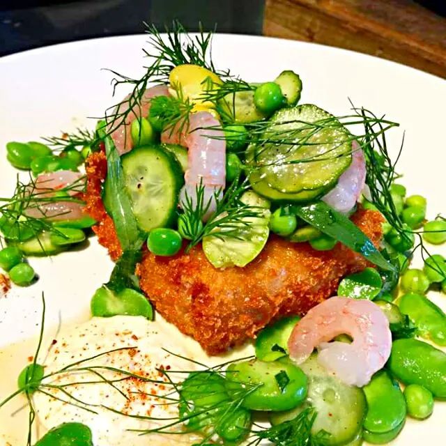 fried head cheese with favA  beans  shrimp spring peas|CHUENCHAIさん