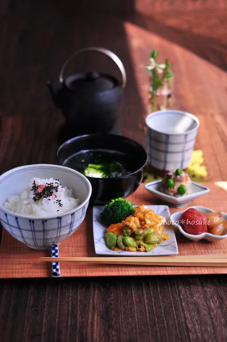 「空豆卵とじと あおさの吸い物定食」 #花ヲツマミニ|ほ助さん