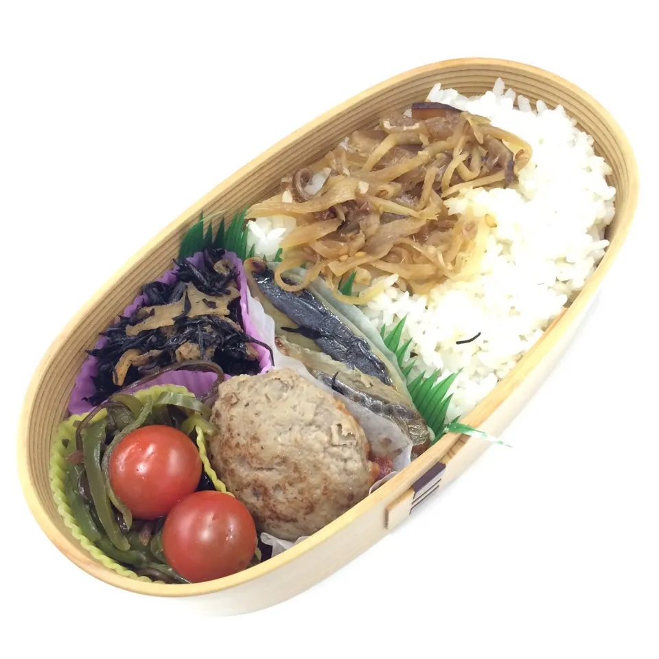 弁当（ハンバーグ、鰆塩焼き、五目ひじき、ピーマン昆布、プチトマト、新生姜佃煮）|SasaMasa213さん