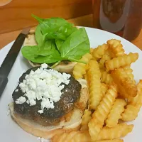 Lamb burger top with goat cheese side of fries|crystalさん