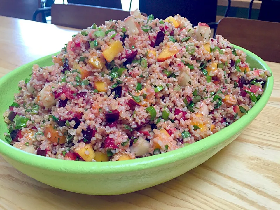 Snapdishの料理写真:Bulgar Wheat, Stone Fruit, Green Onion, Thai Basil and Apricot Vinaigrette|taraさん