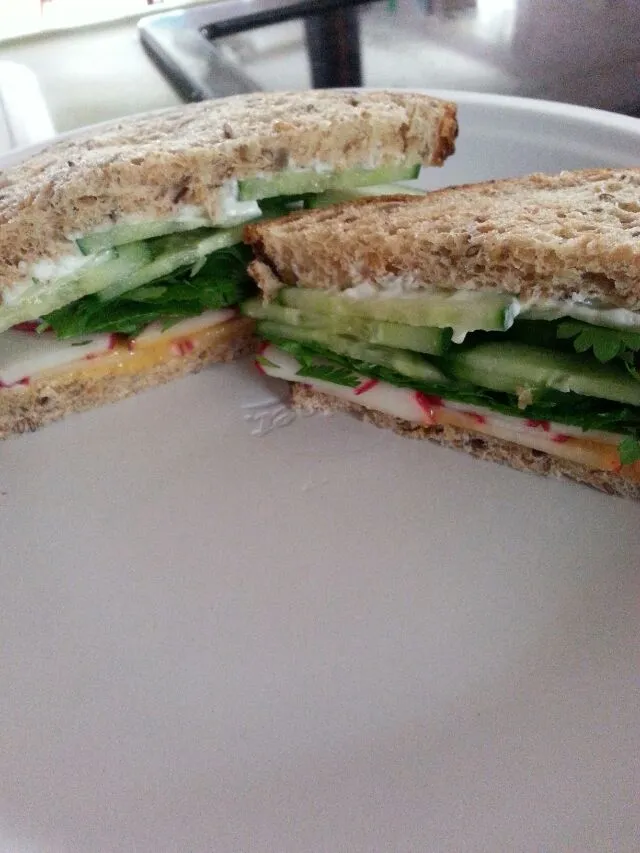 cucumber and radish sandwich with cilantro, mayo, and spicy mustard.|Polly Gelfusoさん