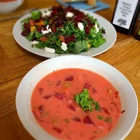 Snapdishの料理写真:Coconuts beets soup and kale goat cheese salad|kibonnuseizinさん