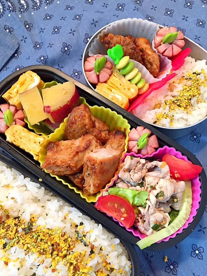 Snapdishの料理写真:豚弁当！ 冷しゃぶサラダ トンテキ さつまいも甘煮 卵焼き ウィンナー|asamisaraさん