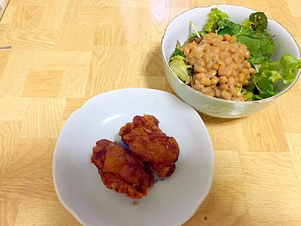 Snapdishの料理写真:亜麻仁油in納豆のチョレギサラダ・鶏唐揚|Tarou  Masayukiさん