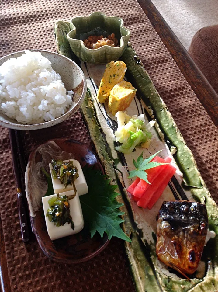 大根おろし納豆  ネギとしらすの卵焼き キャベツの浅漬け 赤カブの漬け物  塩サバ 山菜昆布の冷奴|izunさん