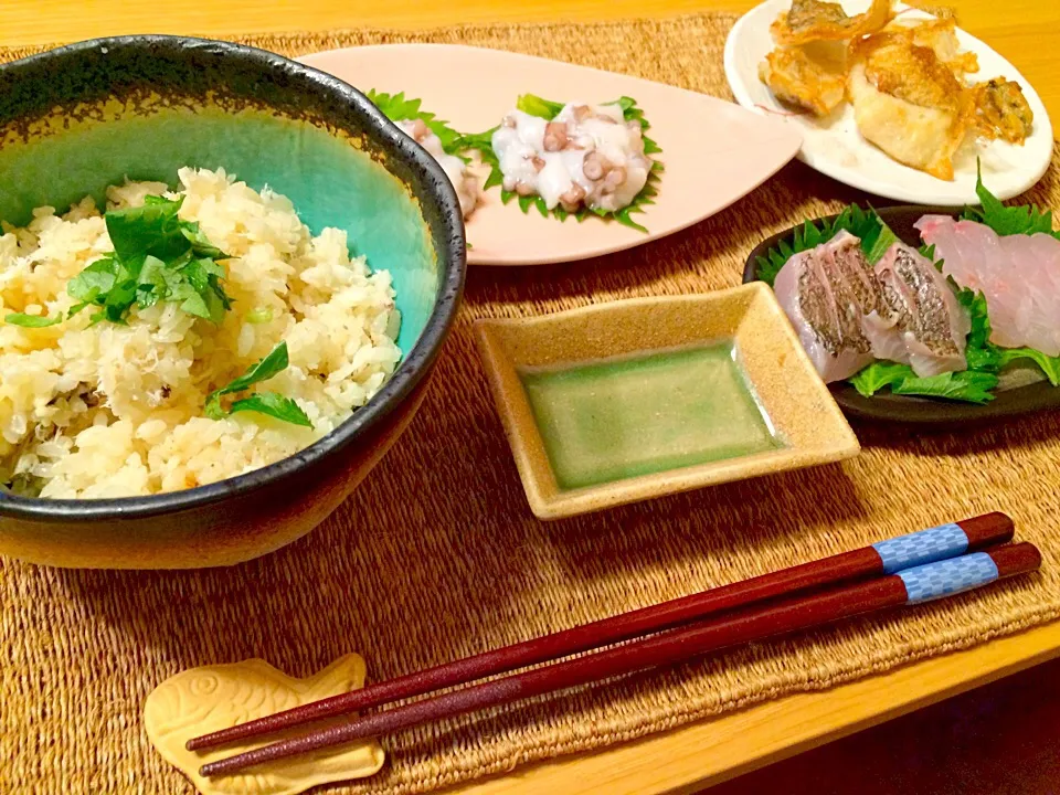 🎣釣れたタコ🐙と鯛で晩ご飯ー。|あうあうぶーさん