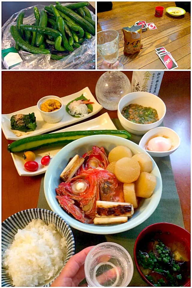 Today's Dinner🍴前菜･胡瓜の一本浅漬け･金目鯛のお頭と大根の煮物･めかぶ納豆･温泉卵･白飯･揚げ茄子のお味噌汁|🌈Ami🍻さん