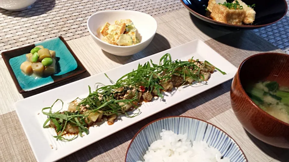 Snapdishの料理写真:晩ごはん   メインは蒸し茄子の冷製|おちゃわんさん