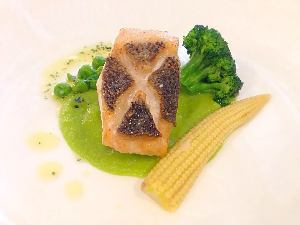 Snapdishの料理写真:スズキのソテー グリーンピースのクリームソース🇮🇹Sauted sea bass with green peace cream sauce|ゆうじ.さん