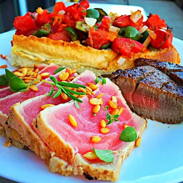 Snapdishの料理写真:filet mignon seared ahi tuna with toasted watermelon seeds  ,olive bruschetta|CHUENCHAIさん